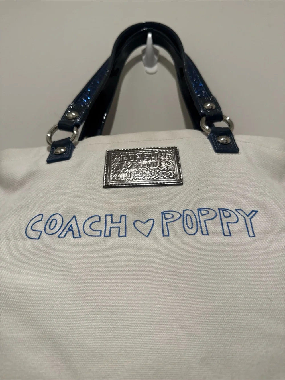 Coach Cream Canvas Tote with Blueberry Print & Navy Handles